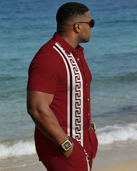 Big & Tall Men's Spring And Summer New Leisure Vacation Red Retro Geometric Pattern Short Sleeve Shirt Shorts Set