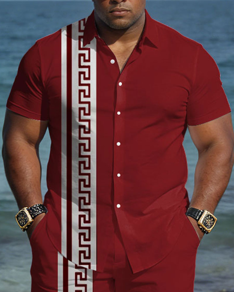 Big & Tall Men's Spring And Summer New Leisure Vacation Red Retro Geometric Pattern Short Sleeve Shirt Shorts Set