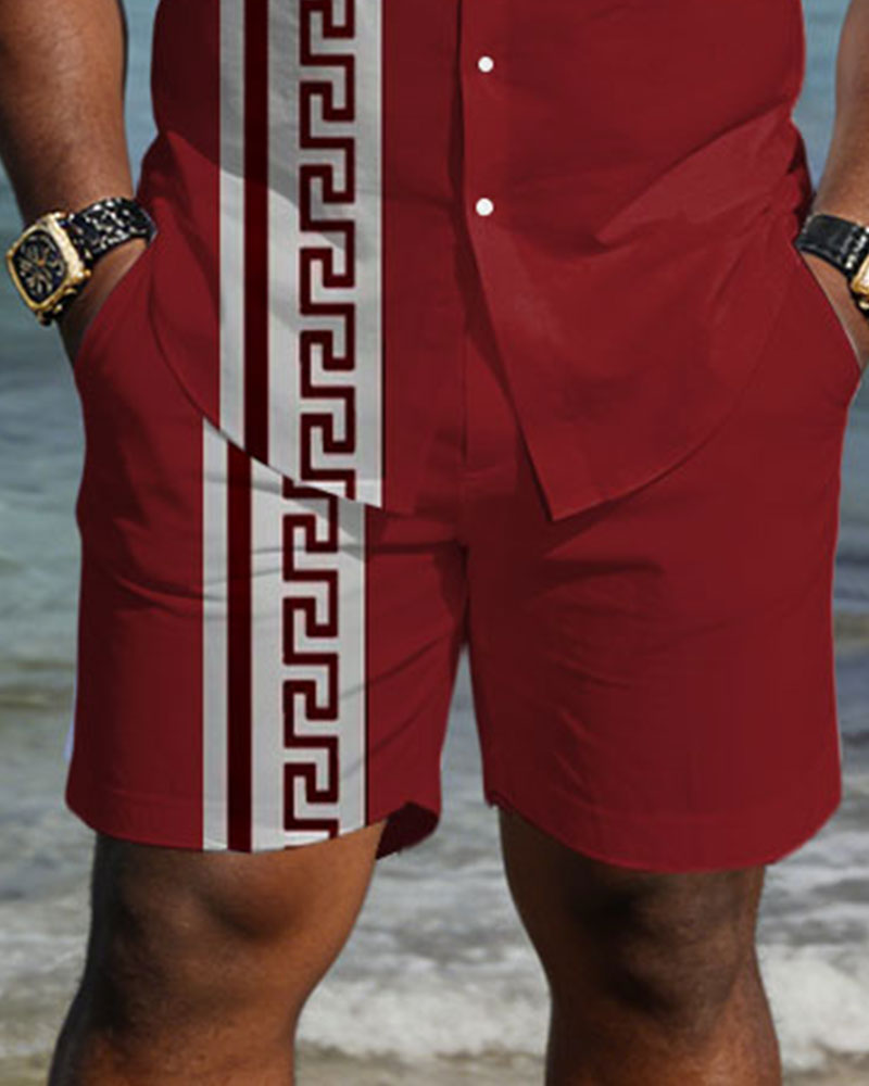 Big & Tall Men's Spring And Summer New Leisure Vacation Red Retro Geometric Pattern Short Sleeve Shirt Shorts Set