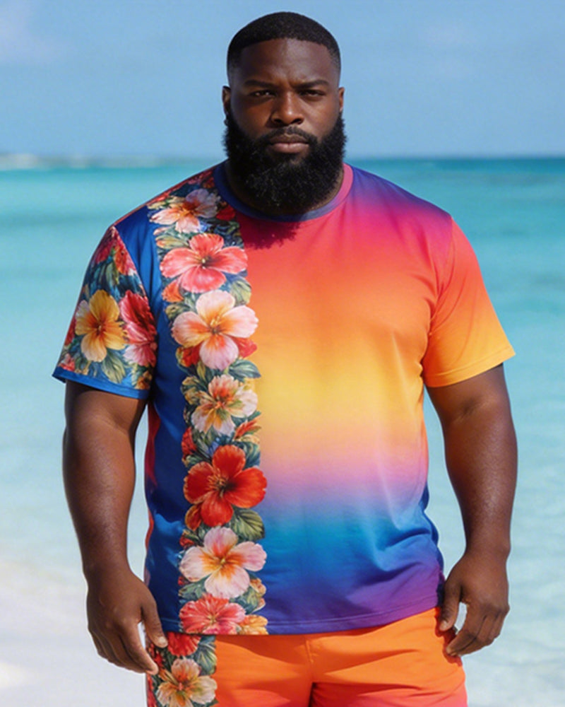 Big & Tall Men's Rainbow Floral Print Round Neck Short Sleeve T-Shirt Shorts Set