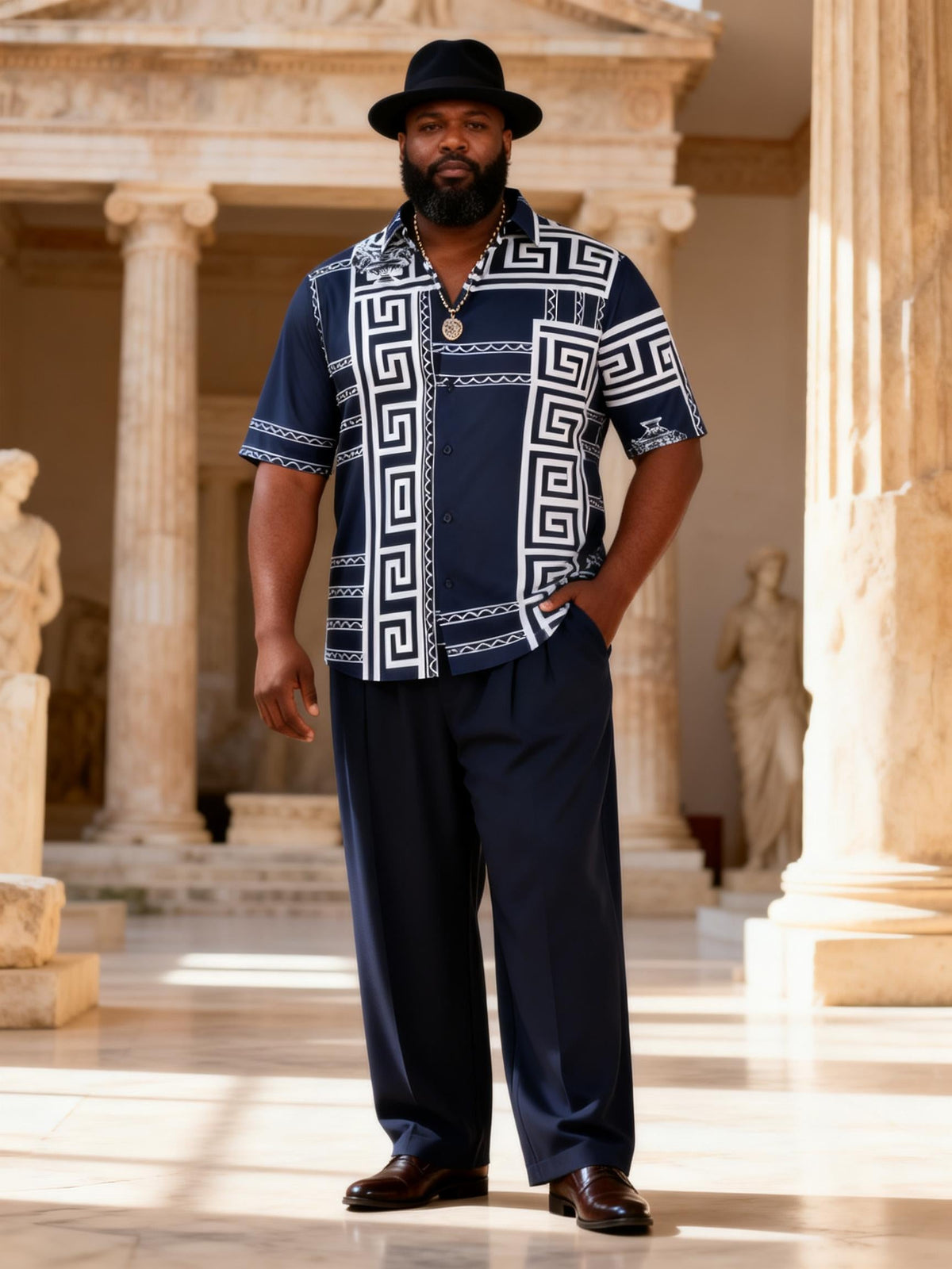 Big & Tall Men's Navy Greek Printed Short Sleeve Shirt Trousers Suit