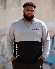 Big & Tall Men's Gray-black Contrast Handwritten Line Printed Long Sleeve T-shirt Trousers Set
