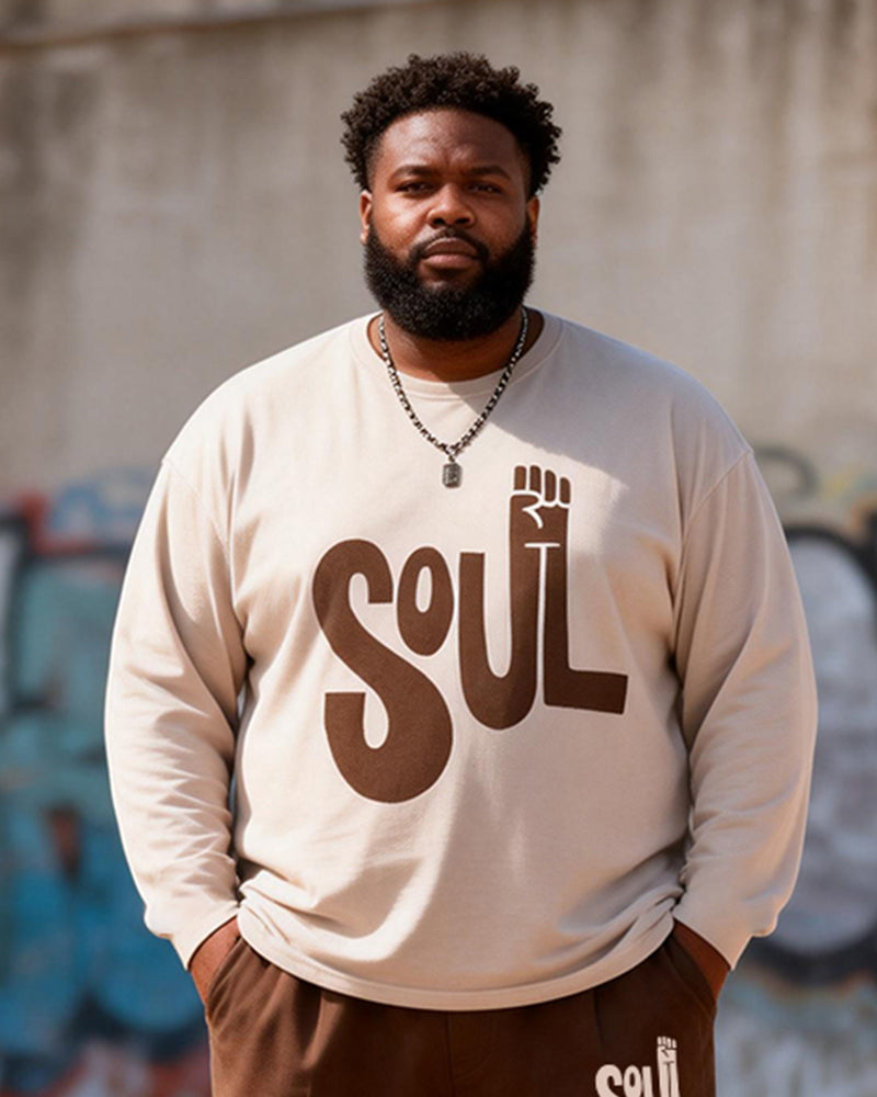 Big & Tall Men's Curry SOUL Letter Print Long Sleeve T-Shirt Pants Set