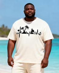 Big & Tall Men's White Beach ECG Printed Crewneck Short Sleeve T-Shirt Shorts Set
