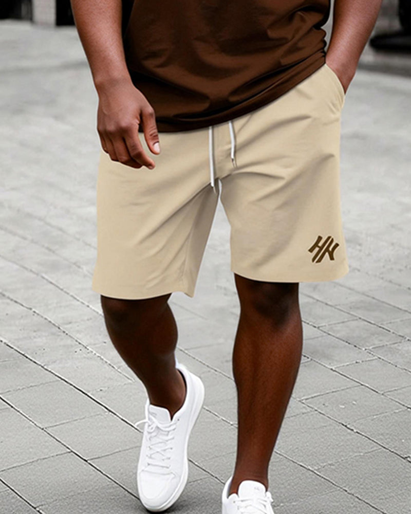 Big & Tall Men's Dark Brown Letter Print Round Neck Short Sleeve T-Shirt Shorts Set