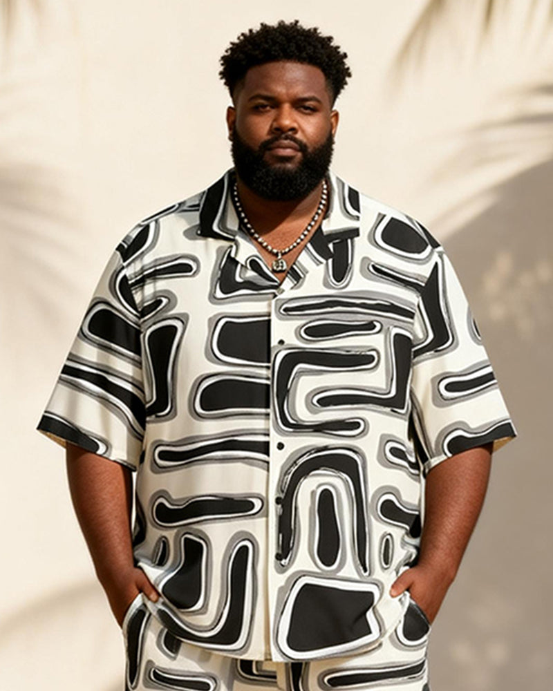 Big & Tall Men's Black And White Flowing Geometric Print Short Sleeve Shirt Shorts Set
