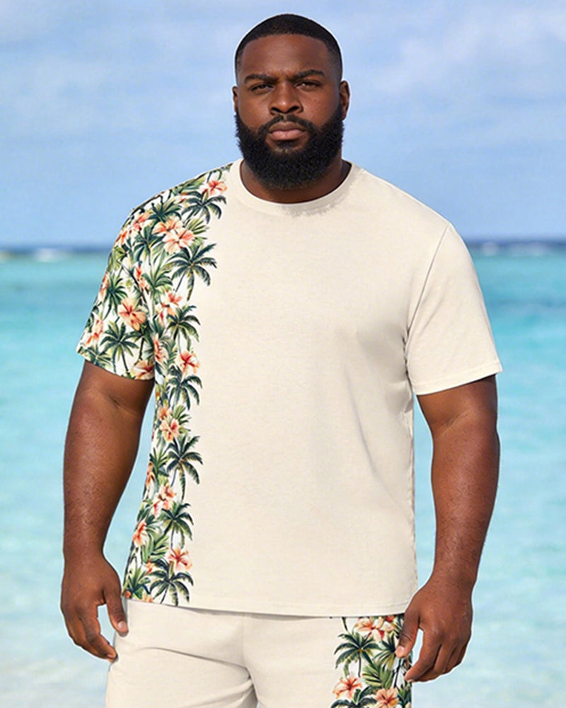 Big & Tall Men's Coconut Blossoms Side Print Round Neck Short Sleeve T-Shirt Shorts Set