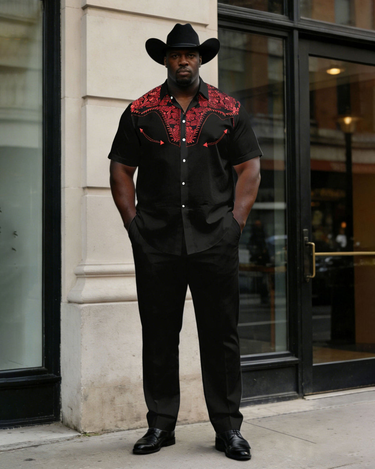 Big & Tall Men's Western Denim Positioning Printed Short-sleeved Shirt Pants Set