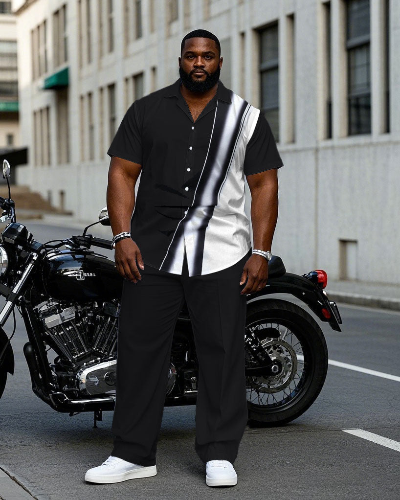 Big & Tall Men's Black & White Irregular Contrast Comfortable Short Sleeve Shirt Pants Set