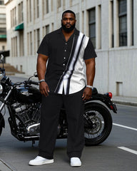 Big & Tall Men's Black & White Irregular Contrast Comfortable Short Sleeve Shirt Pants Set