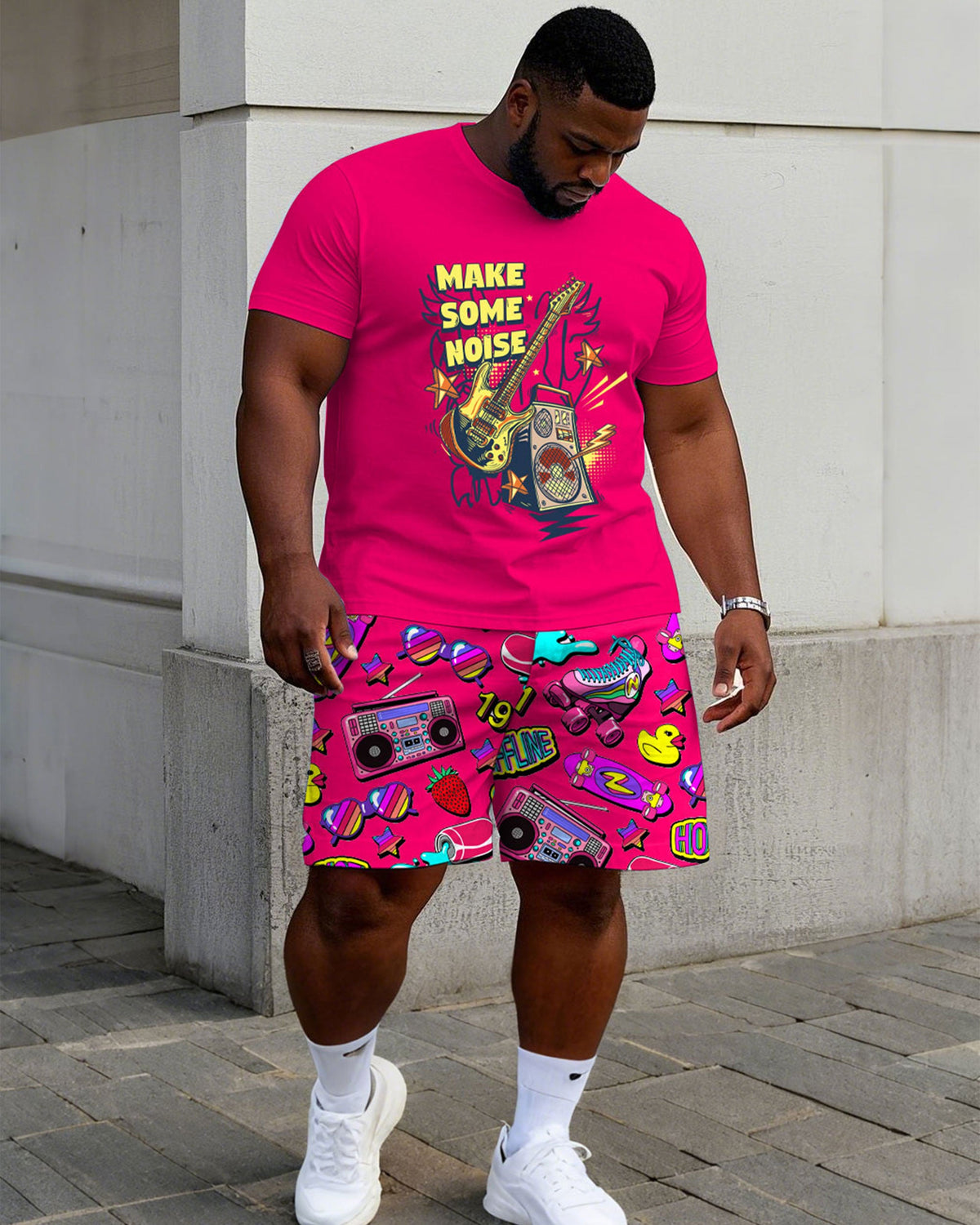 Big & Tall Men's Rose Red Music Carnival Printing Crewneck Short Sleeve T-Shirt Shorts Set