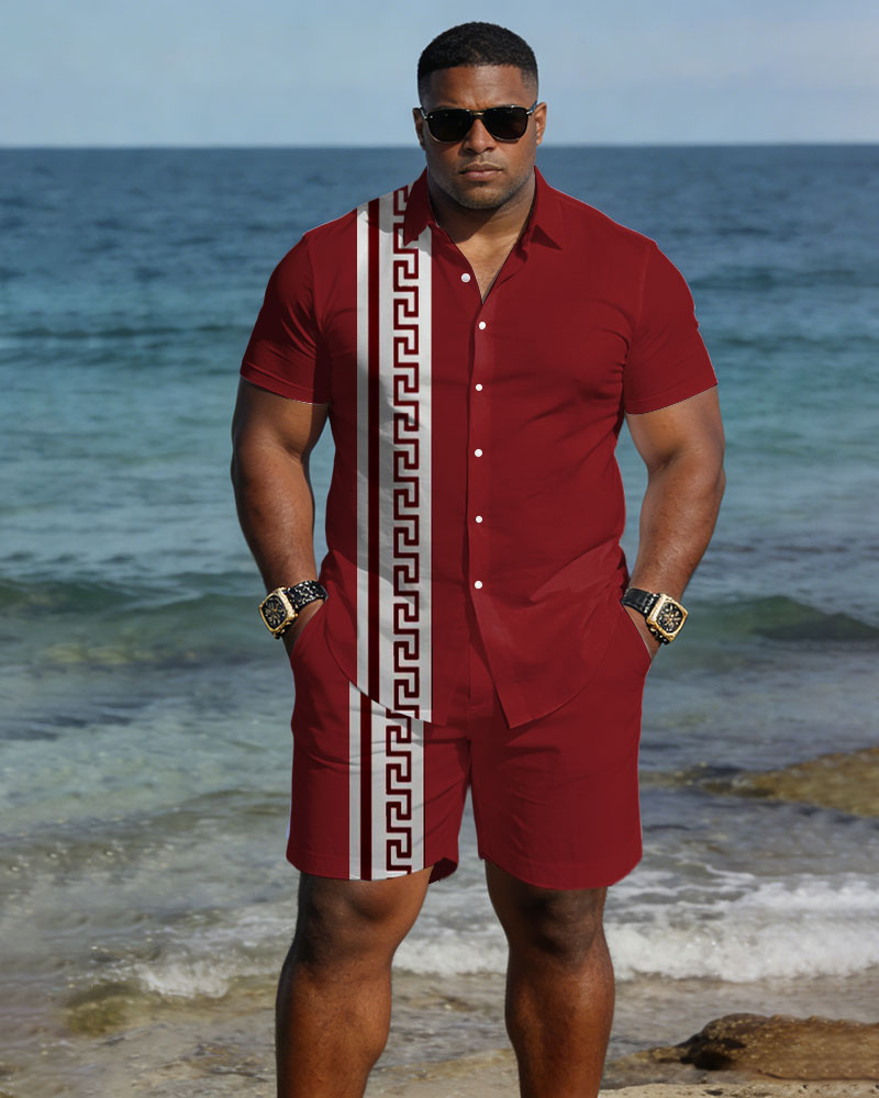 Big & Tall Men's Spring And Summer New Leisure Vacation Red Retro Geometric Pattern Short Sleeve Shirt Shorts Set