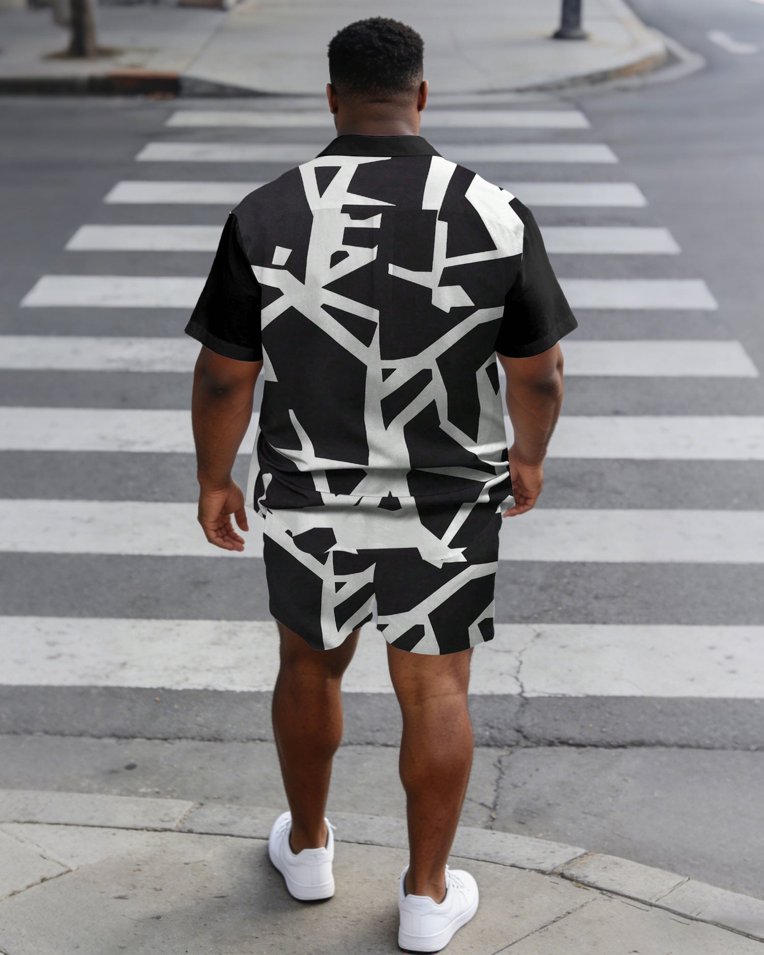 Men's Plus Size Printed Contrast Black Short Sleeve Shirt Shorts Set