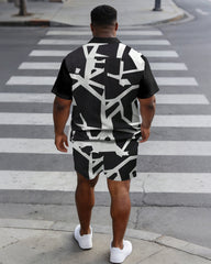 Men's Plus Size Printed Contrast Black Short Sleeve Shirt Shorts Set