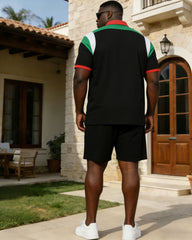 Distinctive Colored Neck Chest Print Polo Shirt Shorts Set Large Size Men