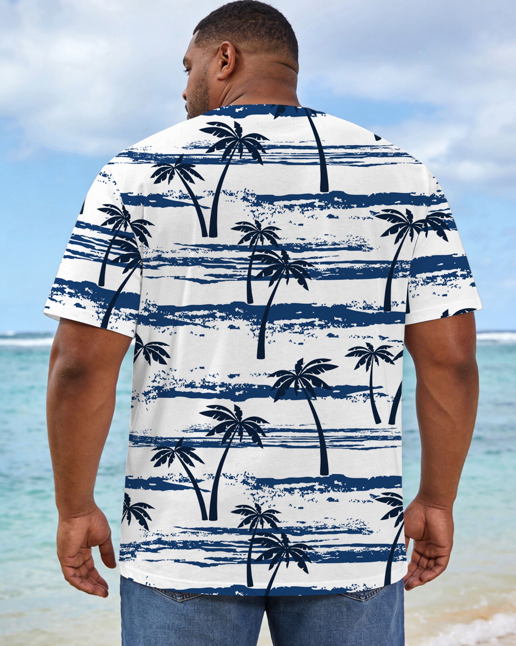 Men's Plus Size Summer Wave Coconut Tree Print Short Sleeve T-Shirt