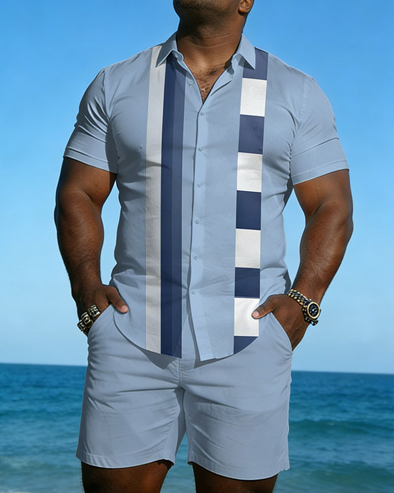 Big & Tall Men's Spring And Summer New Leisure Vacation Blue Plaid Geometric Stitching Short Sleeve Shirt Shorts Set