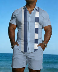 Big & Tall Men's Spring And Summer New Leisure Vacation Blue Plaid Geometric Stitching Short Sleeve Shirt Shorts Set