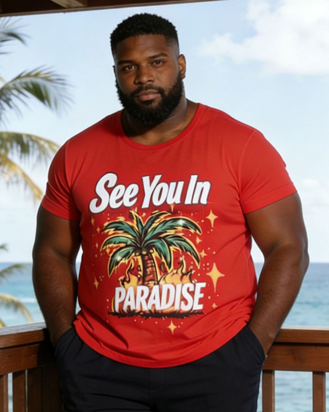 Men's Large Size Red Hawaiian Short Sleeve T-Shirt Shorts Set