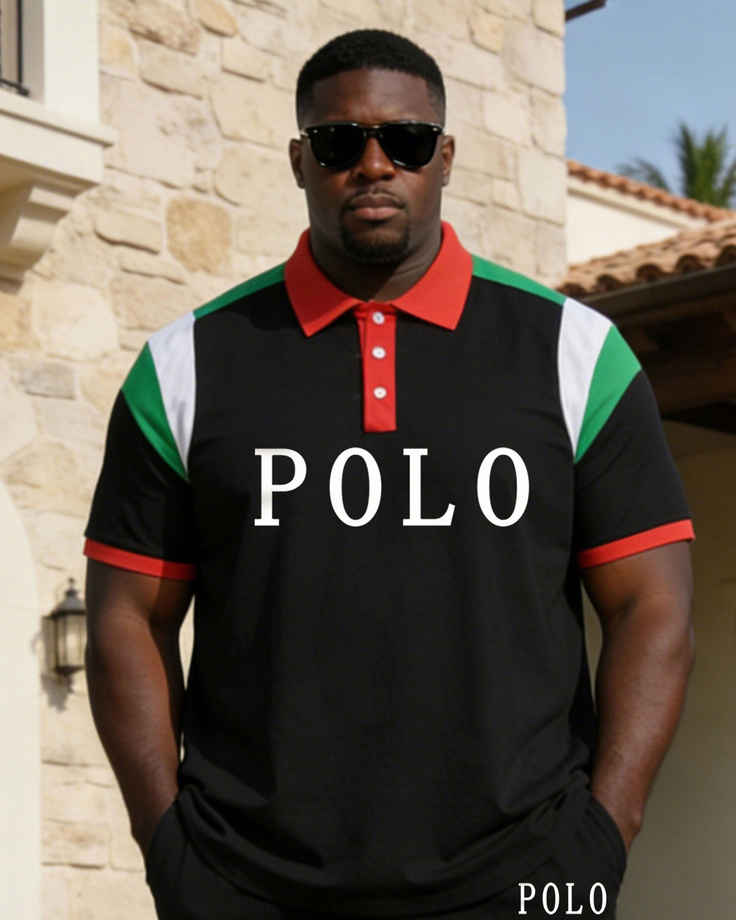 Distinctive Colored Neck Chest Print Polo Shirt Shorts Set Large Size Men
