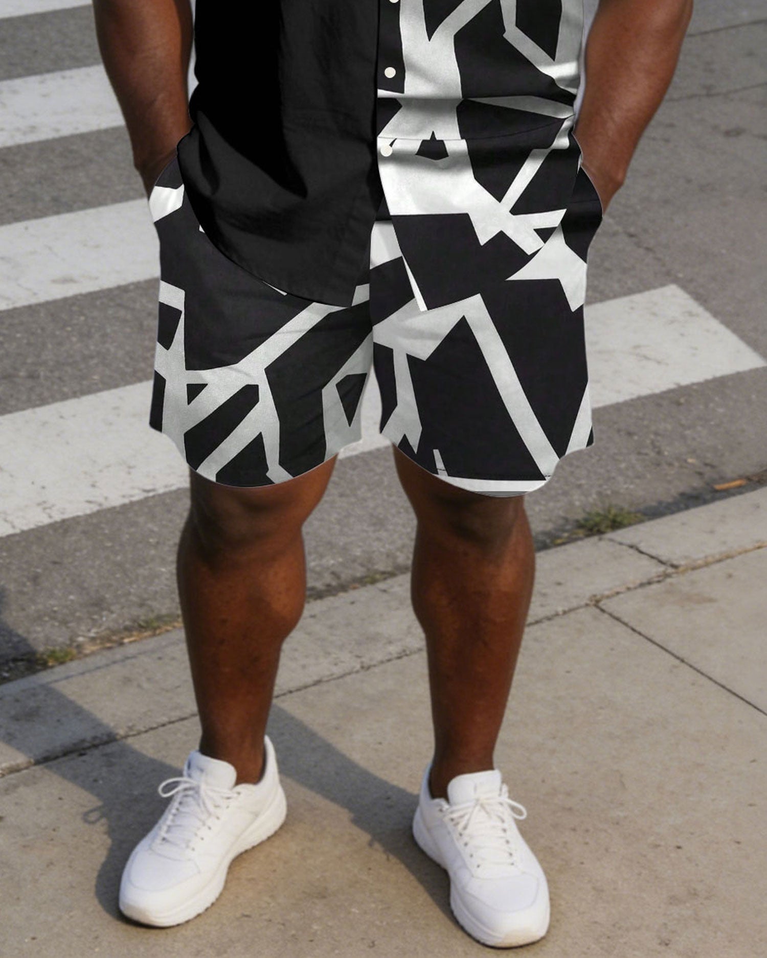 Men's Plus Size Printed Contrast Black Short Sleeve Shirt Shorts Set