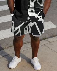 Men's Plus Size Printed Contrast Black Short Sleeve Shirt Shorts Set