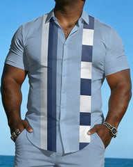 Big & Tall Men's Spring And Summer New Leisure Vacation Blue Plaid Geometric Stitching Short Sleeve Shirt Shorts Set