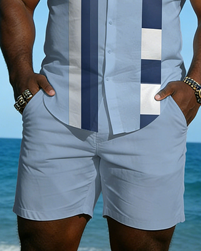 Big & Tall Men's Spring And Summer New Leisure Vacation Blue Plaid Geometric Stitching Short Sleeve Shirt Shorts Set