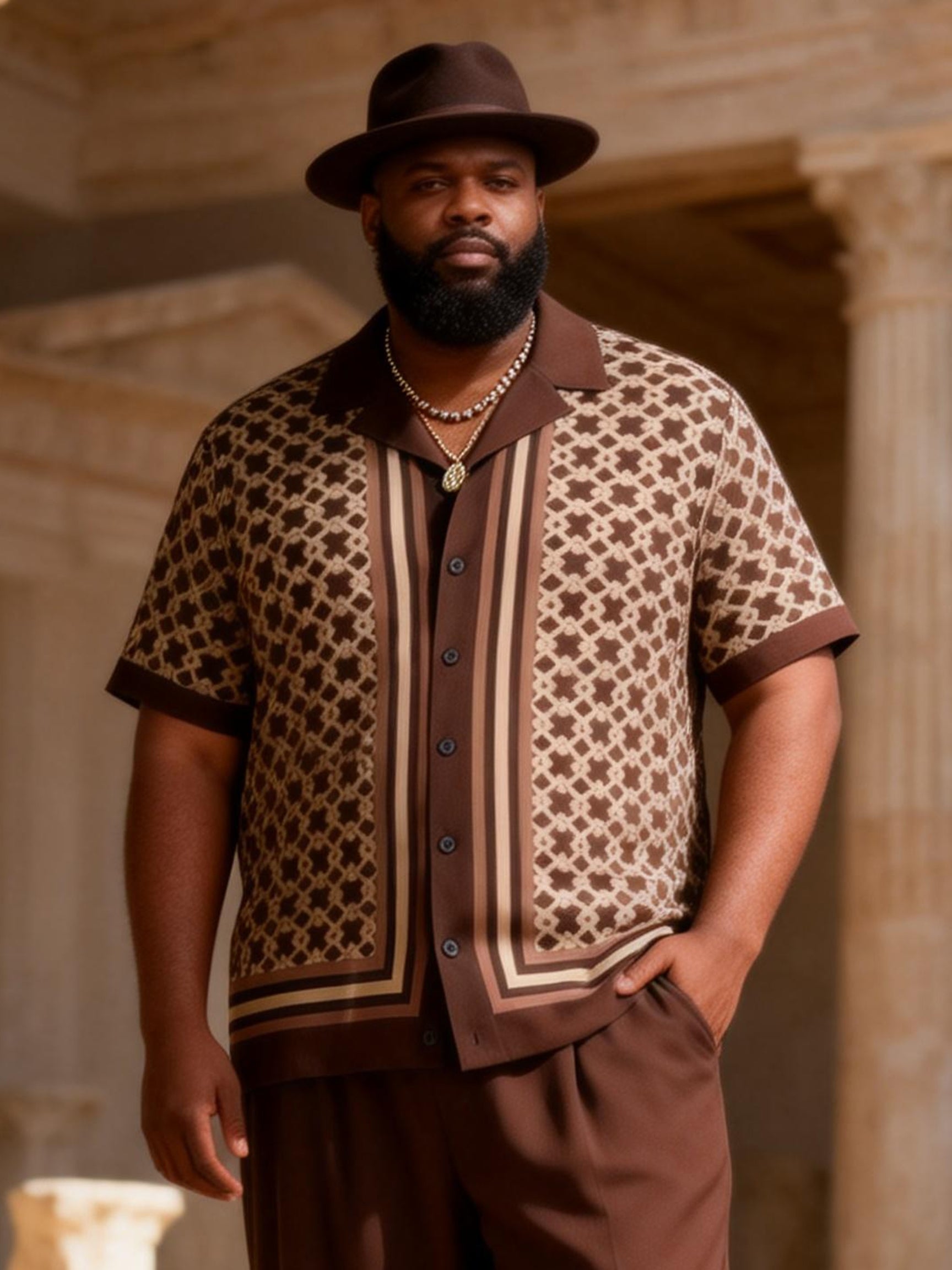 Big & Tall Men's Dark Brown Geometric Jacquard Print Short Sleeve Shirt Pants Set