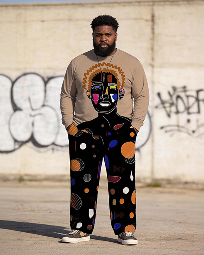 Big & Tall Men's African Art Figure Print Long Sleeve T-Shirt Pants Set