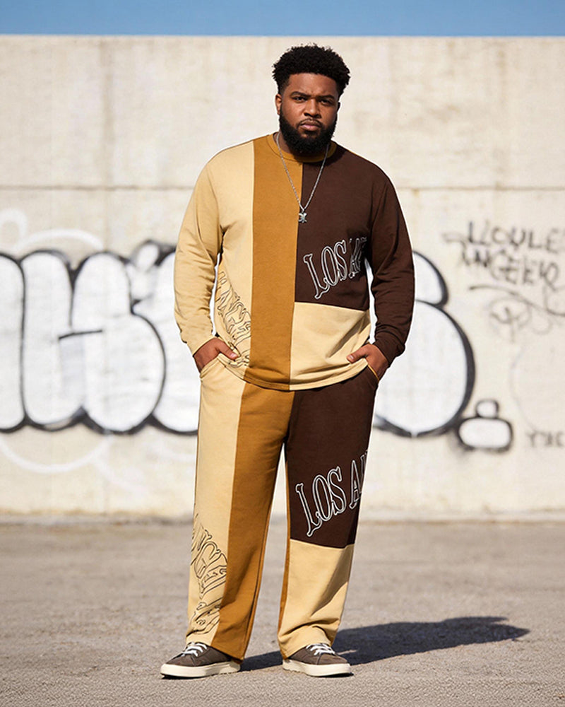 Big & Tall Men's Los Angeles Contrast Patchwork Printed Long Sleeve T-Shirt Pants Set