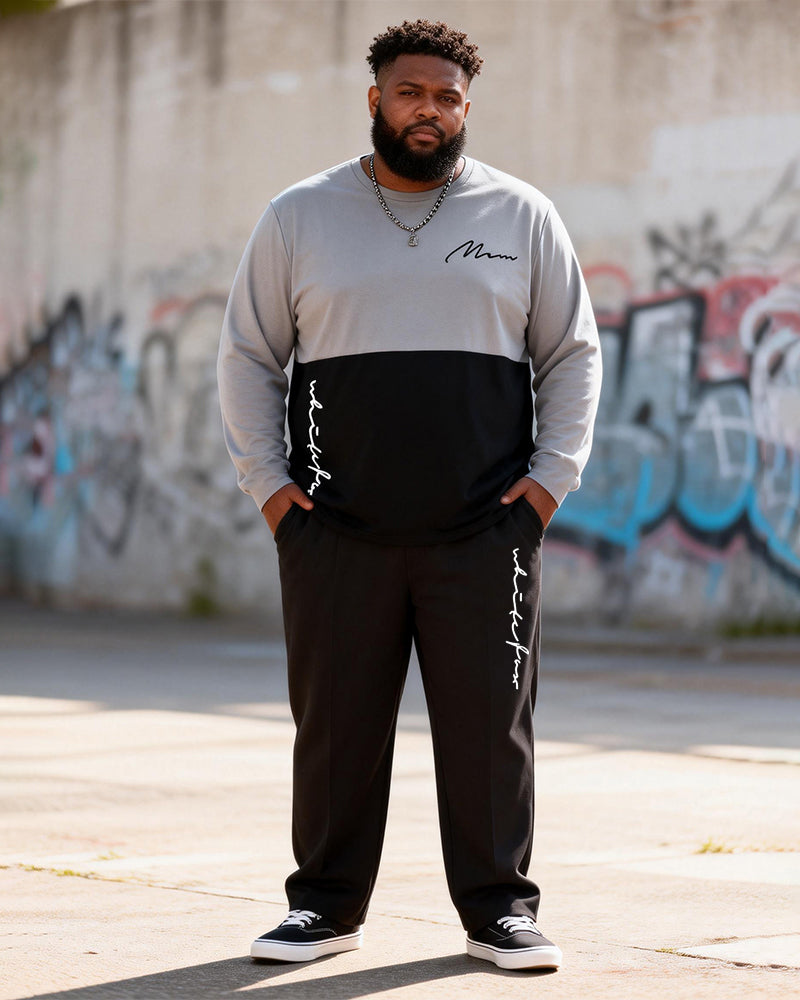 Big & Tall Men's Gray-black Contrast Handwritten Line Printed Long Sleeve T-shirt Trousers Set