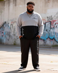 Big & Tall Men's Gray-black Contrast Handwritten Line Printed Long Sleeve T-shirt Trousers Set