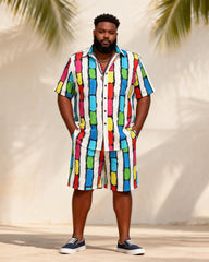 Big & Tall Men's Rainbow Graffiti Stripe Contrast Print Short Sleeve Shirt Shorts Set