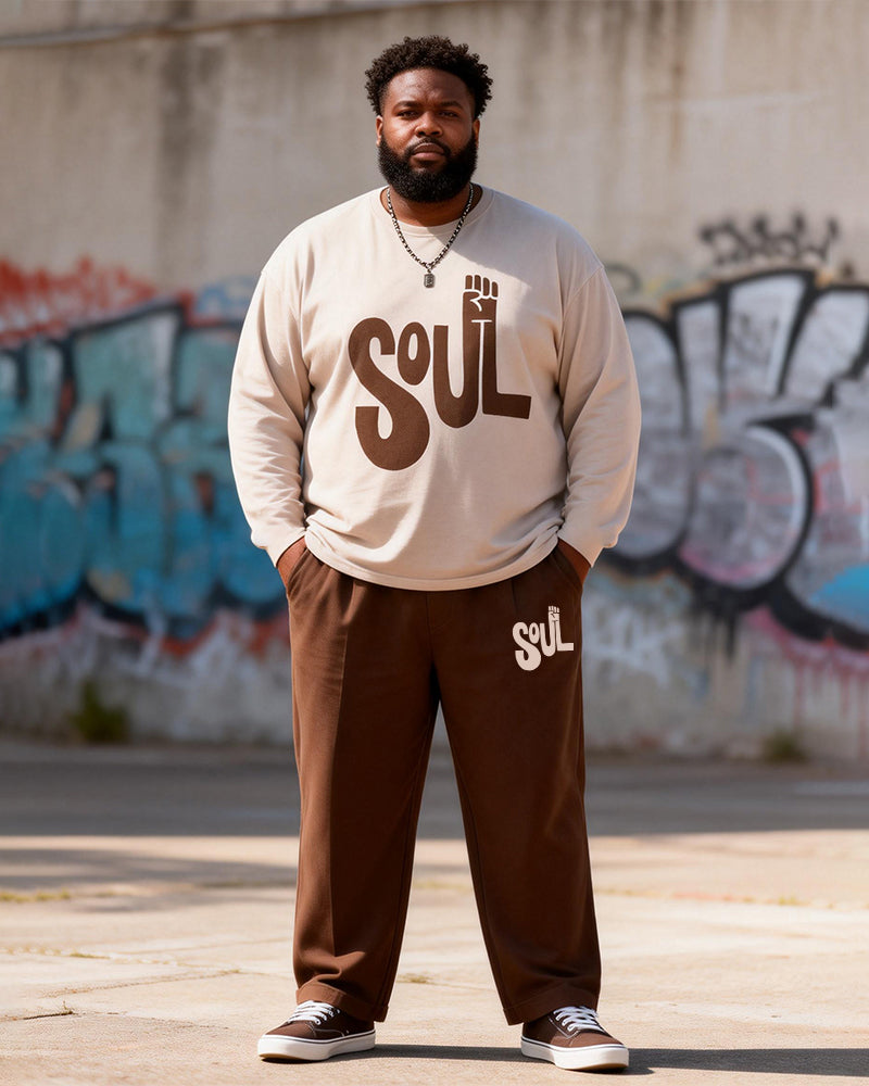 Big & Tall Men's Curry SOUL Letter Print Long Sleeve T-Shirt Pants Set