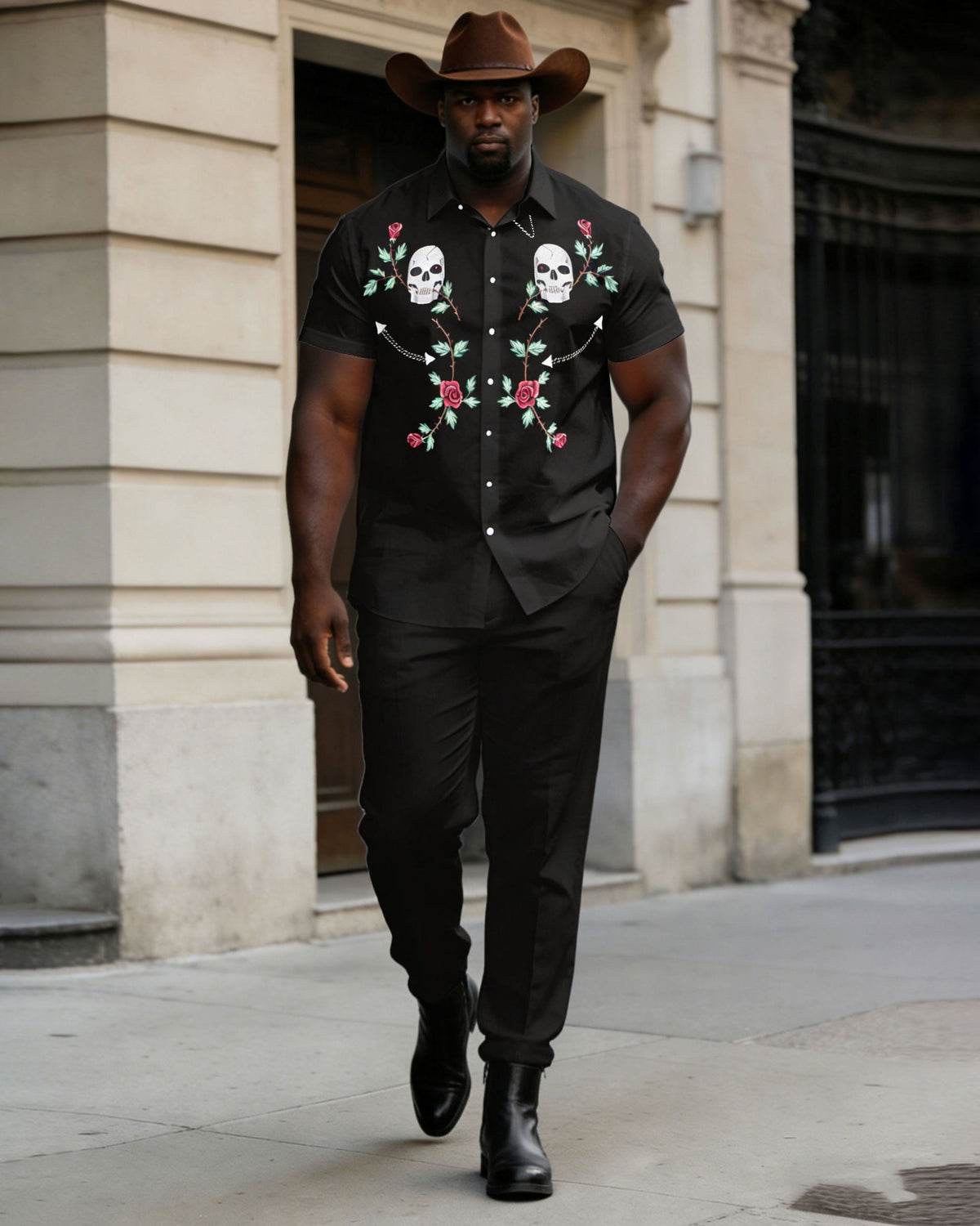 Big & Tall Men's Western Skull Rose Short Sleeve Shirt Pants Set