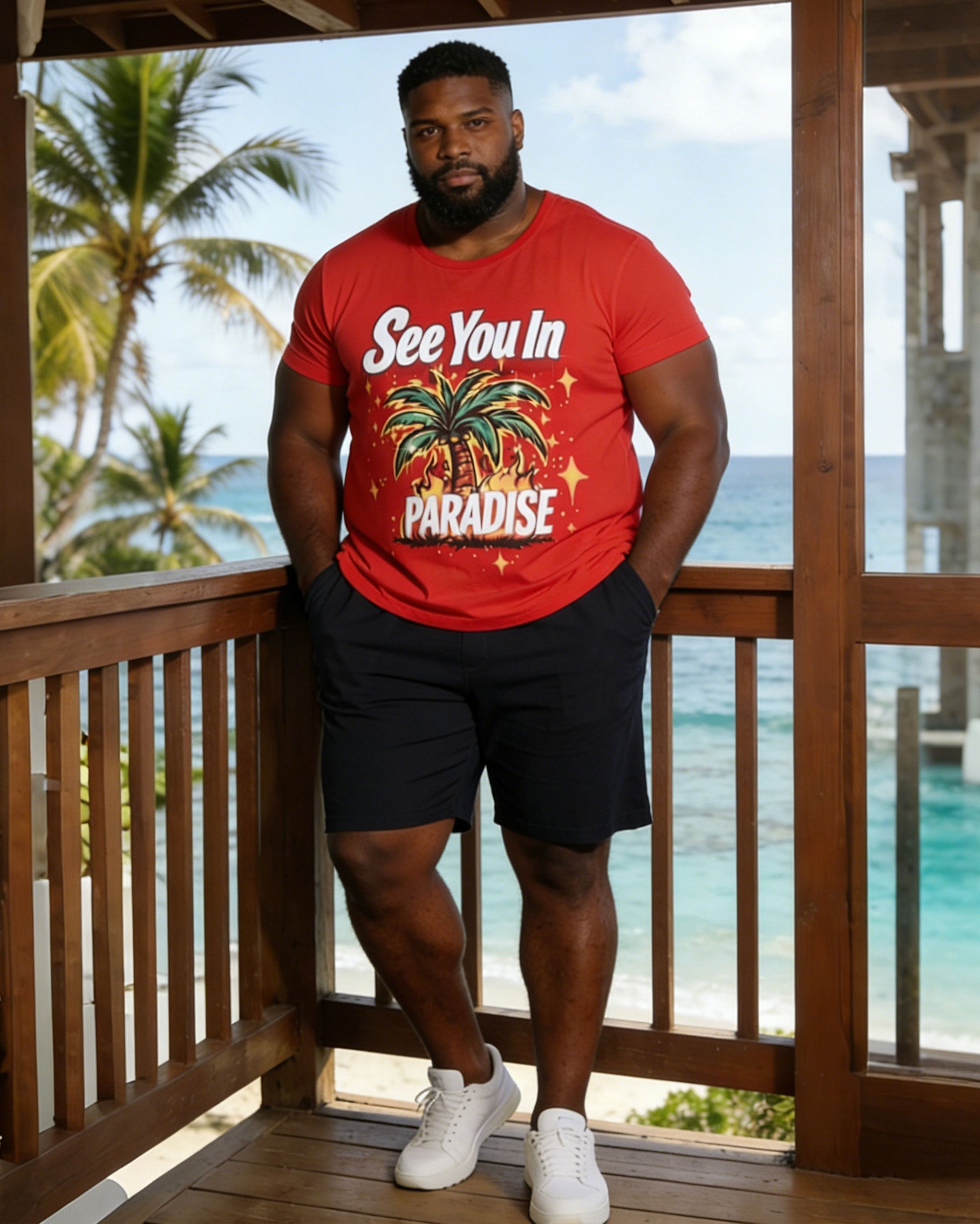 Men's Large Size Red Hawaiian Short Sleeve T-Shirt Shorts Set