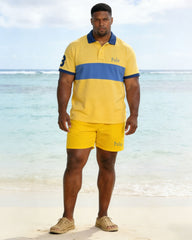 Men's Plus Size Yellow & Blue Contrast Small Label Printed Short Sleeve Polo Shirt Shorts Set