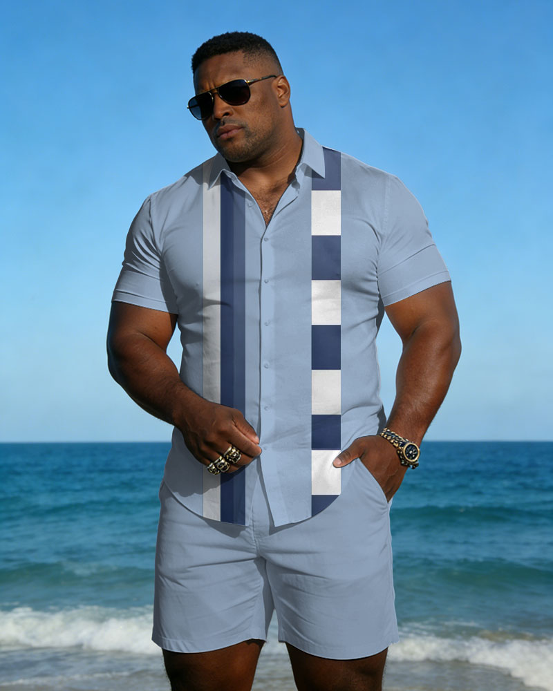 Big & Tall Men's Spring And Summer New Leisure Vacation Blue Plaid Geometric Stitching Short Sleeve Shirt Shorts Set