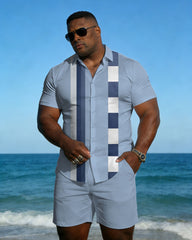 Big & Tall Men's Spring And Summer New Leisure Vacation Blue Plaid Geometric Stitching Short Sleeve Shirt Shorts Set