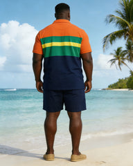 Men's Large Size Contrast Color Chest Small Label Printed Short-sleeved Polo Shirt And Shorts Set