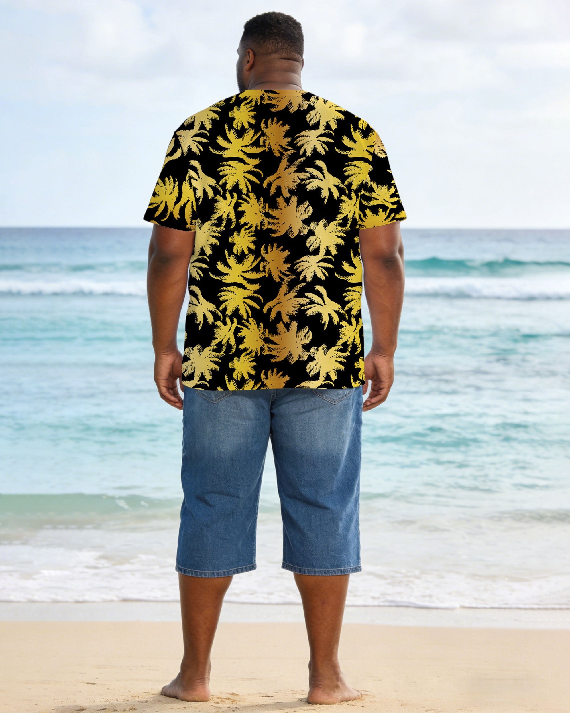 Men's Large Size Black Gold Print Full Print Short Sleeve T-shirt