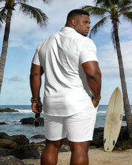 Big & Tall Men's Spring And Summer New Casual Vacation Striped Printed White Short Sleeve Shirt And Shorts Set