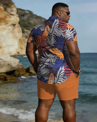 Big & Tall Men's Hawaiian Holiday Style Orange Plant Pattern Short Sleeve Shirt Shorts Set