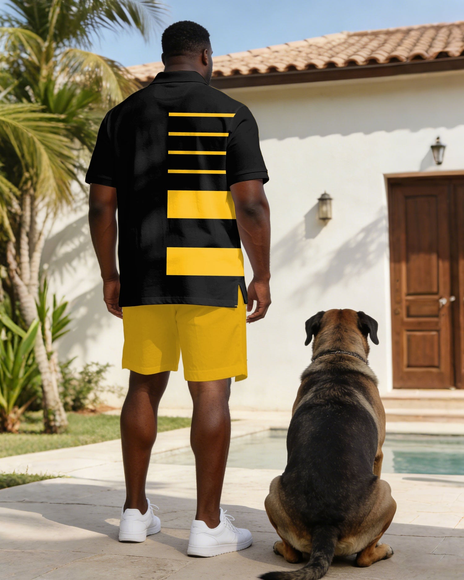 Black & Yellow Business Casual Polo Shirt Set Large Size Men