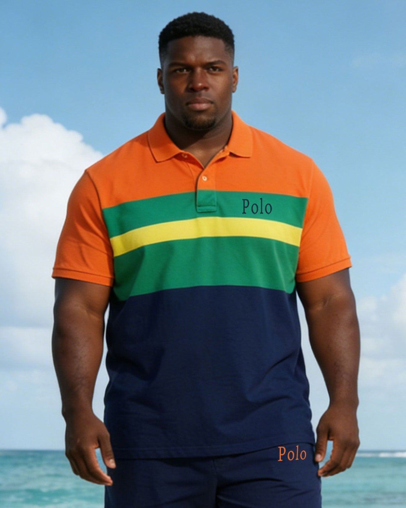 Men's Large Size Contrast Color Chest Small Label Printed Short-sleeved Polo Shirt And Shorts Set