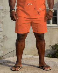 Large Size Men's Spring And Summer Leisure Vacation Business Party Orange & White Music Pattern Short Sleeve POLO Shirt Shorts Set