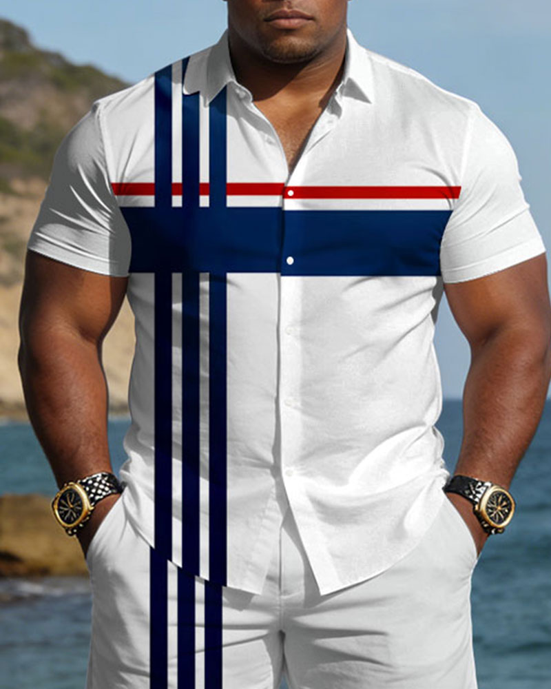 Big & Tall Men's Spring And Summer New Casual Vacation Striped Printed White Short Sleeve Shirt And Shorts Set