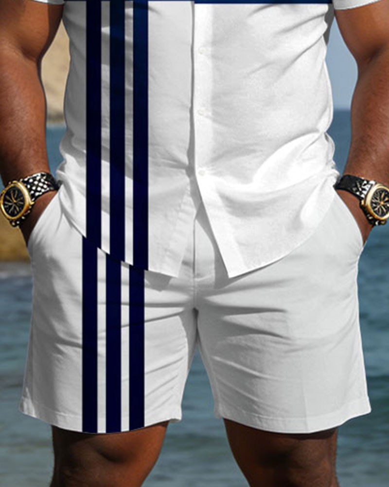 Big & Tall Men's Spring And Summer New Casual Vacation Striped Printed White Short Sleeve Shirt And Shorts Set