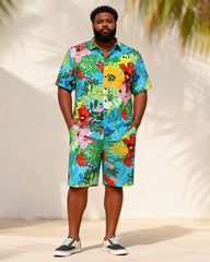 Big & Tall Men's Painted Tropical Floral Contrast Printed Short Sleeve Shirt Shorts Set